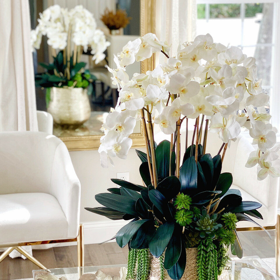 Delaney-Vase in Gold mit mehreren Phalaenopsis-Orchideenstängeln und Sukkulenten